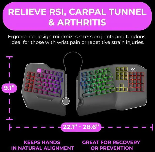 Alt view image 5 of 7 - Cloud Nine C989 Ergonomic Mechanical Keyboard for PC - Kailh Linear Red Switches - RGB Light Up LED Backlit with USB - Ergo Split Key Board with Macro