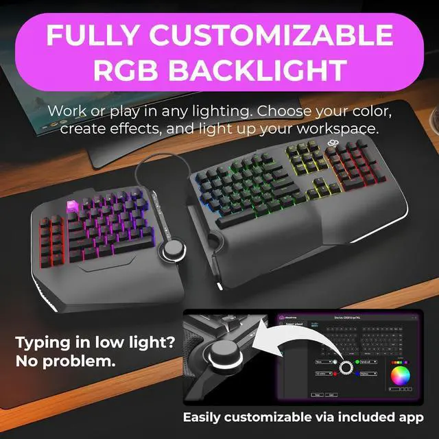 Alt view image 6 of 7 - Cloud Nine C989 Ergonomic Mechanical Keyboard for PC - Kailh Linear Red Switches - RGB Light Up LED Backlit with USB - Ergo Split Key Board with Macro