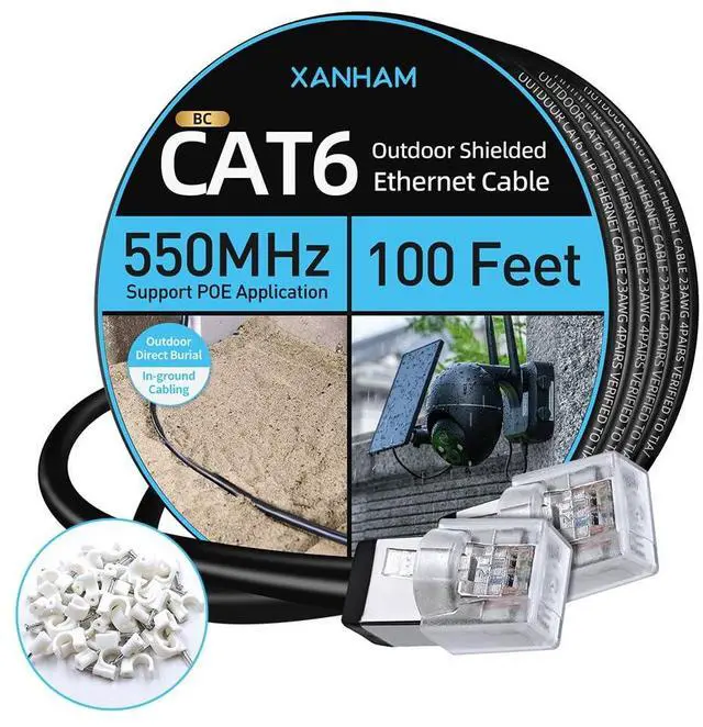 Main image of Cat6 Shielded Outdoor Ethernet Cable 100 Feet Waterproof and UV Resistant Direct Burial Jacket 23AWG Solid Copper Cat 6 FTP Network Cable, for POE and Internet Cabling Application