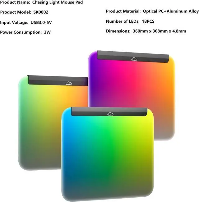 Alt view image 2 of 6 - Illuminated Gaming Mouse Mat, Fully Illuminated RGB Gaming Mouse Pad, LED Gaming Pad for Mouse and Keyboard, Chasing Light Mouse Pad, Detachable USB Cable, 18pcs Lights, 14 * 12inches