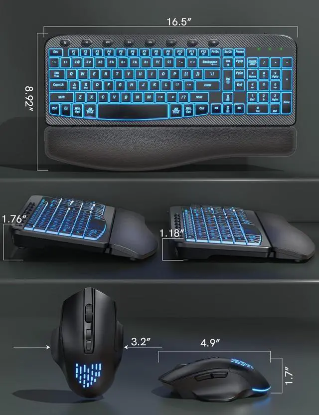 Alt view image 7 of 7 - Ergonomic Wireless Keyboard and Mouse Combo - Wave Keyboard with Soft Leather Wrist Rest, Resistant Keys, RGB Backlit Rechargeable Set for PC/Mac/Chromebook (Black)