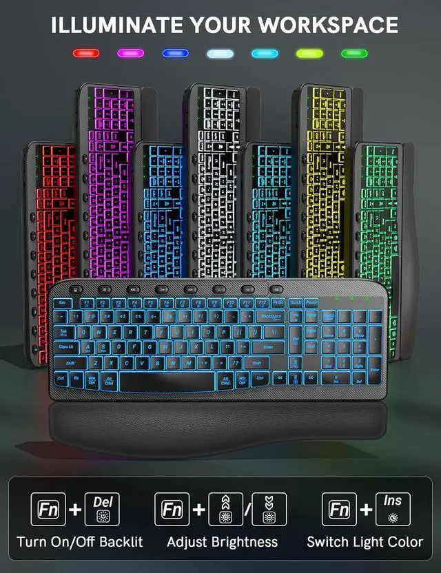 Alt view image 3 of 7 - Ergonomic Wireless Keyboard and Mouse Combo - Wave Keyboard with Soft Leather Wrist Rest, Resistant Keys, RGB Backlit Rechargeable Set for PC/Mac/Chromebook (Black)