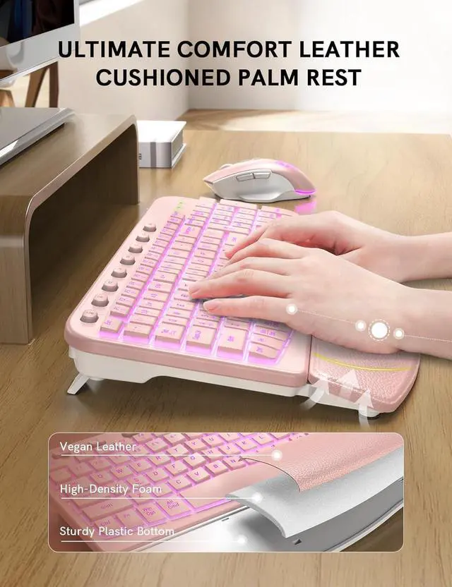 Alt view image 2 of 7 - Ergonomic Wireless Keyboard and Mouse Combo - Wave Keyboard with Soft Leather Wrist Rest, Resistant Keys, RGB Backlit Rechargeable Set for PC/Mac/Chromebook (Pink)
