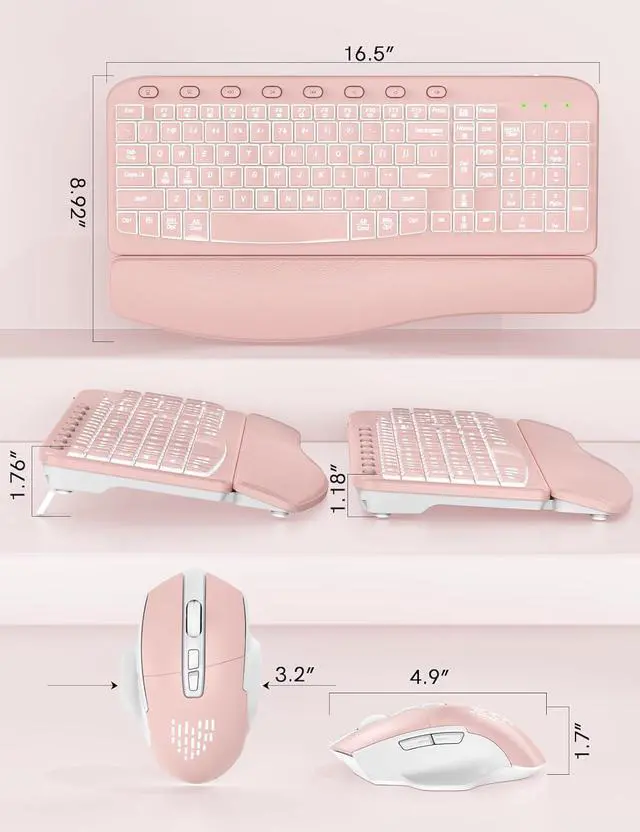 Alt view image 6 of 7 - Ergonomic Wireless Keyboard and Mouse Combo - Wave Keyboard with Soft Leather Wrist Rest, Resistant Keys, RGB Backlit Rechargeable Set for PC/Mac/Chromebook (Pink)