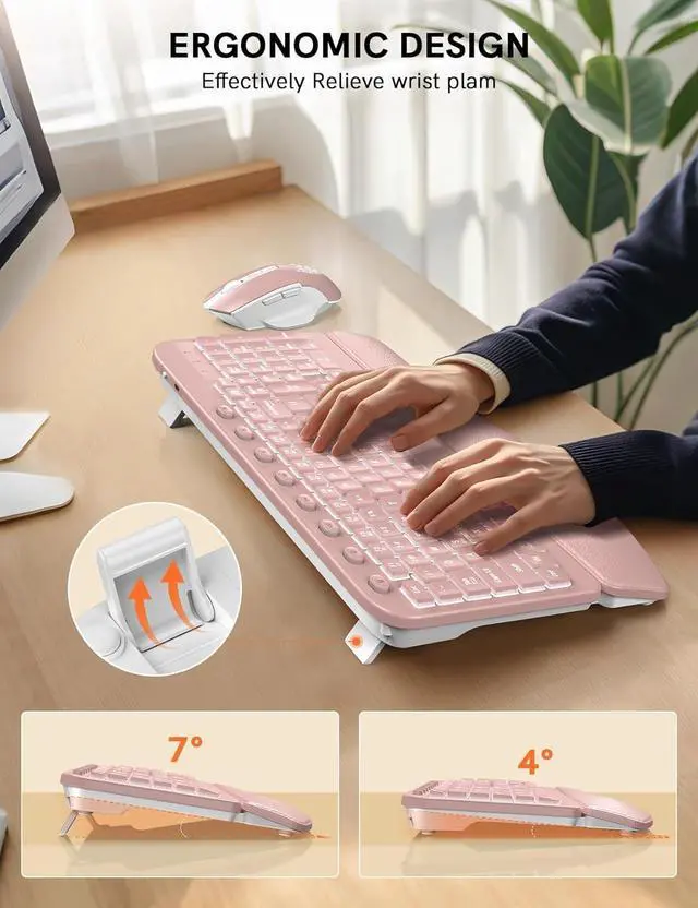 Alt view image 7 of 7 - Ergonomic Wireless Keyboard and Mouse Combo - Wave Keyboard with Soft Leather Wrist Rest, Resistant Keys, RGB Backlit Rechargeable Set for PC/Mac/Chromebook (Pink)