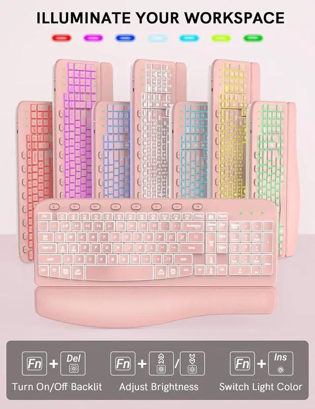 Alt view image 3 of 7 - Ergonomic Wireless Keyboard and Mouse Combo - Wave Keyboard with Soft Leather Wrist Rest, Resistant Keys, RGB Backlit Rechargeable Set for PC/Mac/Chromebook (Pink)