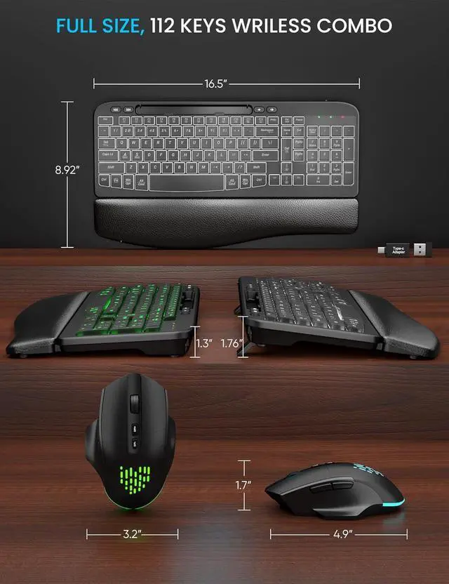 Alt view image 6 of 7 - Wireless Keyboard and Mouse Combo - Ergonomic Wave Keyboard with Soft Leather Wrist Rest, Phone Holder, Rechargeable, RGB Backlit Mouse, Full-Size Set for Windows/Mac/Computer (Black)