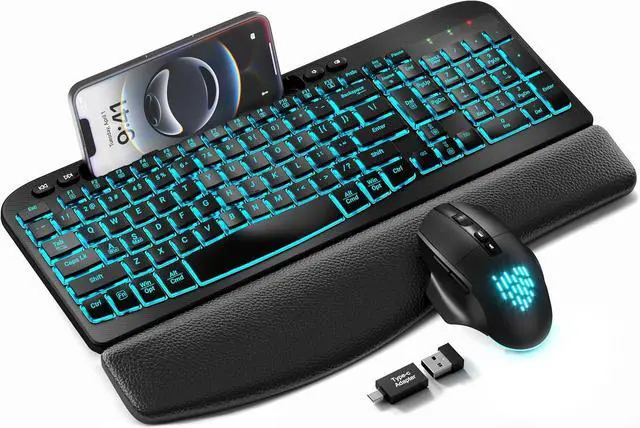 Main image of Wireless Keyboard and Mouse Combo - Ergonomic Wave Keyboard with Soft Leather Wrist Rest, Phone Holder, Rechargeable, RGB Backlit Mouse, Full-Size Set for Windows/Mac/Computer (Black)