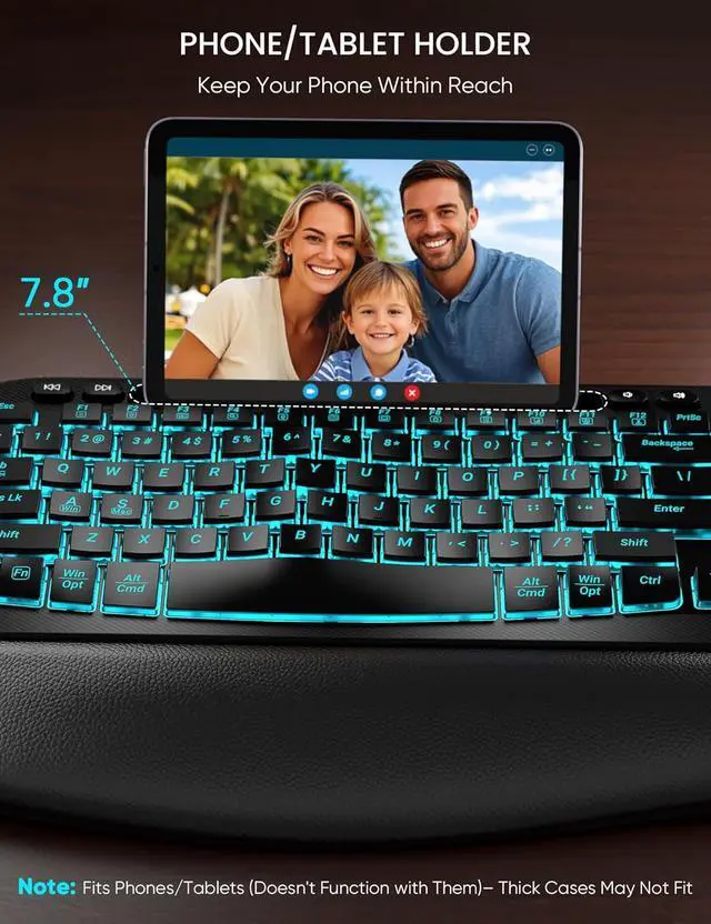Alt view image 4 of 7 - Wireless Keyboard and Mouse Combo - Ergonomic Wave Keyboard with Soft Leather Wrist Rest, Phone Holder, Rechargeable, RGB Backlit Mouse, Full-Size Set for Windows/Mac/Computer (Black)