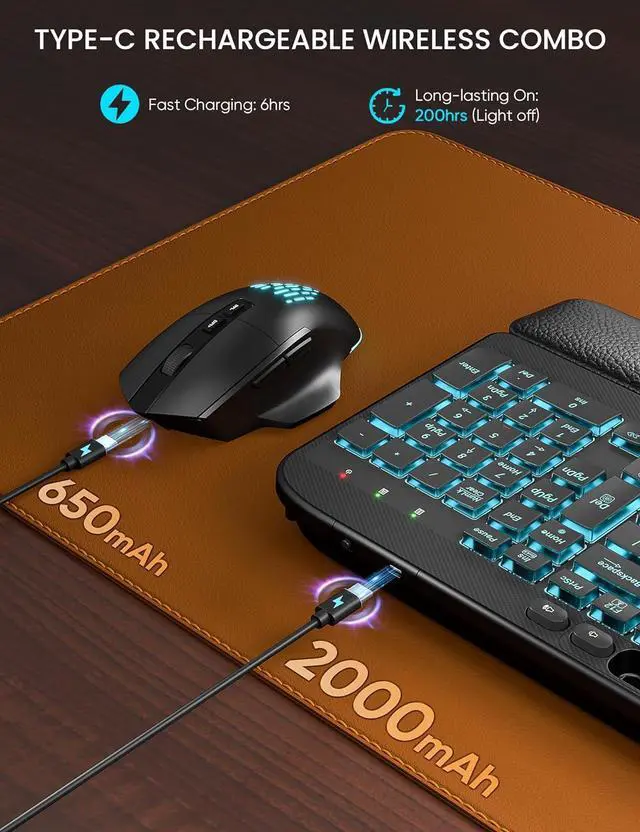 Alt view image 5 of 7 - Wireless Keyboard and Mouse Combo - Ergonomic Wave Keyboard with Soft Leather Wrist Rest, Phone Holder, Rechargeable, RGB Backlit Mouse, Full-Size Set for Windows/Mac/Computer (Black)