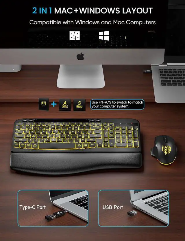 Alt view image 7 of 7 - Wireless Keyboard and Mouse Combo - Ergonomic Wave Keyboard with Soft Leather Wrist Rest, Phone Holder, Rechargeable, RGB Backlit Mouse, Full-Size Set for Windows/Mac/Computer (Black)