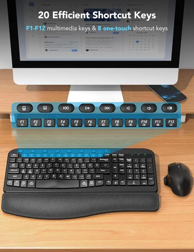 Alt view image 6 of 7 - Wireless Keyboard and Mouse Combo, Ergonomic Wave Keys, Cushioned Plam Rest, Comfortable Silent Natural Typing, 2.4G Lag-Free, Full Size Keyboards Cordless Set for Multi-OS, Windows/Mac,BLACK