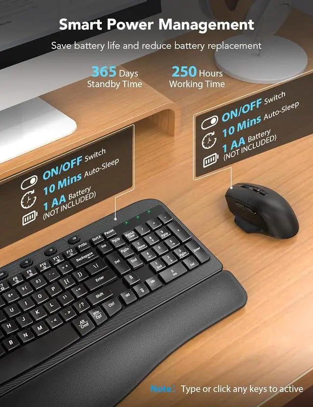 Alt view image 5 of 7 - Wireless Keyboard and Mouse Combo, Ergonomic Wave Keys, Cushioned Plam Rest, Comfortable Silent Natural Typing, 2.4G Lag-Free, Full Size Keyboards Cordless Set for Multi-OS, Windows/Mac,BLACK