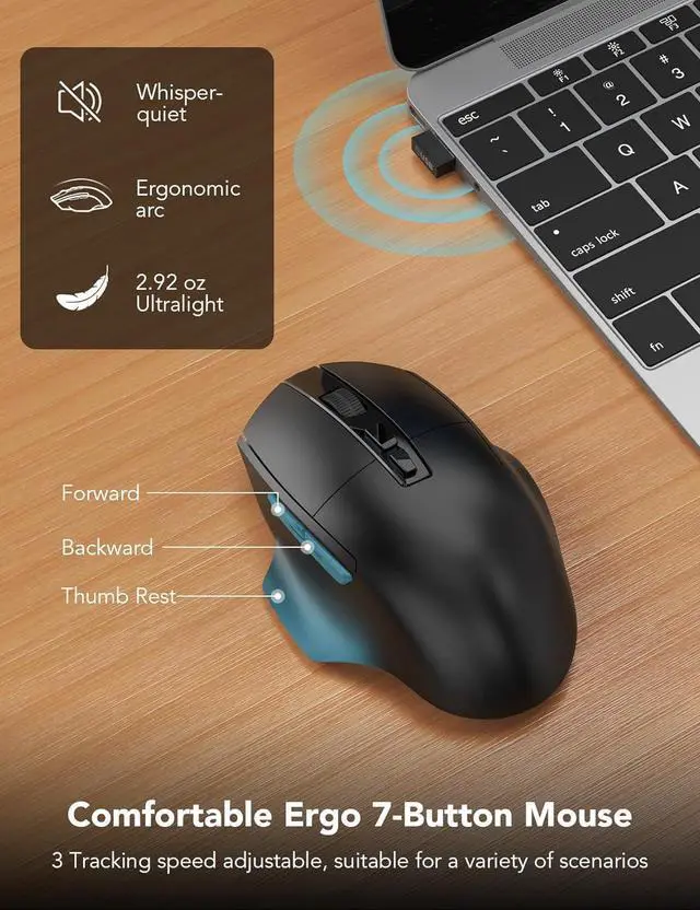 Alt view image 3 of 7 - Wireless Keyboard and Mouse Combo, Ergonomic Wave Keys, Cushioned Plam Rest, Comfortable Silent Natural Typing, 2.4G Lag-Free, Full Size Keyboards Cordless Set for Multi-OS, Windows/Mac,BLACK