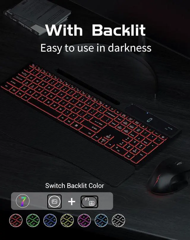 Alt view image 2 of 7 - Wireless Keyboard Mouse Combo, Full Size Ergonomic Keyboard with Backlit, Wrist Rest, Calculator, Phone Holder, 2.4Ghz Silent Cordless Rechargeable Keyboard & Mouse for Laptop, PC, Windows, Mac OS