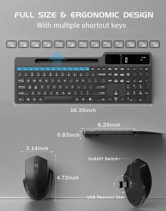 Alt view image 4 of 7 - Wireless Keyboard Mouse Combo, Full Size Ergonomic Keyboard with Backlit, Wrist Rest, Calculator, Phone Holder, 2.4Ghz Silent Cordless Rechargeable Keyboard & Mouse for Laptop, PC, Windows, Mac OS
