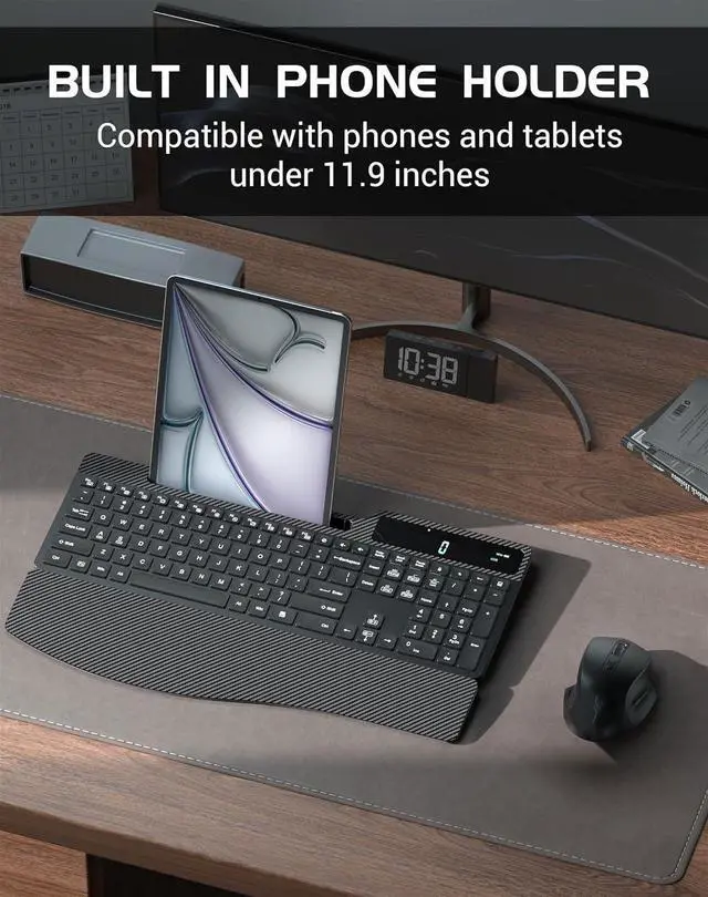 Alt view image 3 of 7 - Wireless Keyboard Mouse Combo, Full Size Ergonomic Keyboard with Backlit, Wrist Rest, Calculator, Phone Holder, 2.4Ghz Silent Cordless Rechargeable Keyboard & Mouse for Laptop, PC, Windows, Mac OS