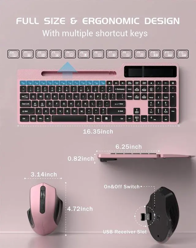Alt view image 3 of 7 - Wireless Keyboard Mouse Combo, Full Size Ergonomic Keyboard with Backlit, Wrist Rest, Calculator, Phone Holder, 2.4Ghz Silent Cordless Rechargeable Keyboard & Mouse for Laptop, PC (Pink Black)