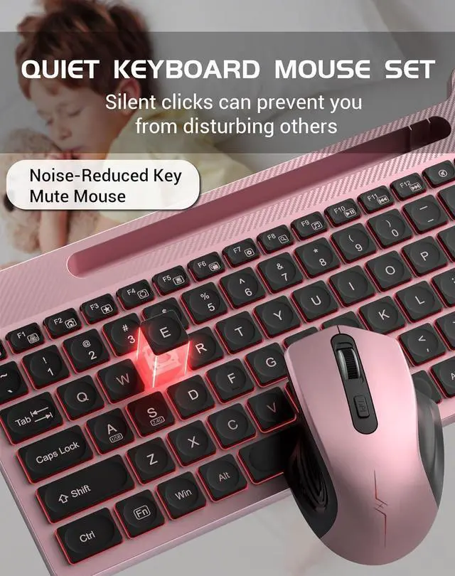 Alt view image 6 of 7 - Wireless Keyboard Mouse Combo, Full Size Ergonomic Keyboard with Backlit, Wrist Rest, Calculator, Phone Holder, 2.4Ghz Silent Cordless Rechargeable Keyboard & Mouse for Laptop, PC (Pink Black)