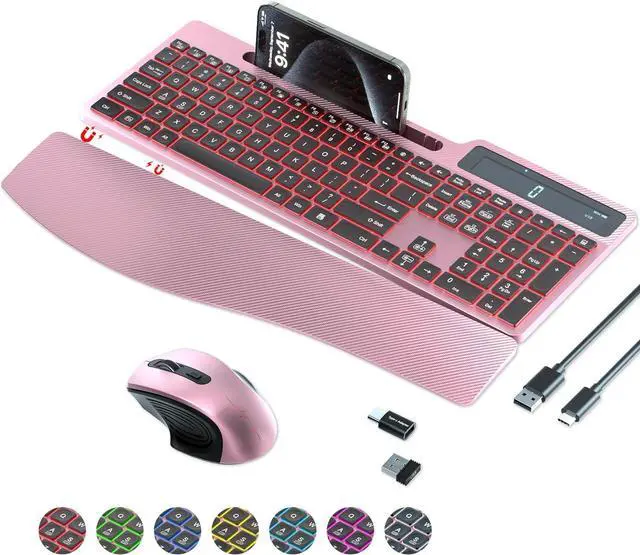 Main image of Wireless Keyboard Mouse Combo, Full Size Ergonomic Keyboard with Backlit, Wrist Rest, Calculator, Phone Holder, 2.4Ghz Silent Cordless Rechargeable Keyboard & Mouse for Laptop, PC (Pink Black)
