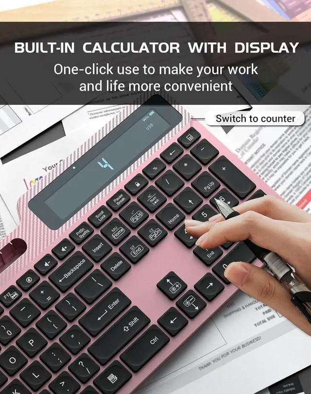 Alt view image 5 of 7 - Wireless Keyboard Mouse Combo, Full Size Ergonomic Keyboard with Backlit, Wrist Rest, Calculator, Phone Holder, 2.4Ghz Silent Cordless Rechargeable Keyboard & Mouse for Laptop, PC (Pink Black)