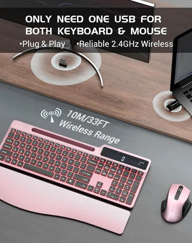 Alt view image 4 of 7 - Wireless Keyboard Mouse Combo, Full Size Ergonomic Keyboard with Backlit, Wrist Rest, Calculator, Phone Holder, 2.4Ghz Silent Cordless Rechargeable Keyboard & Mouse for Laptop, PC (Pink Black)