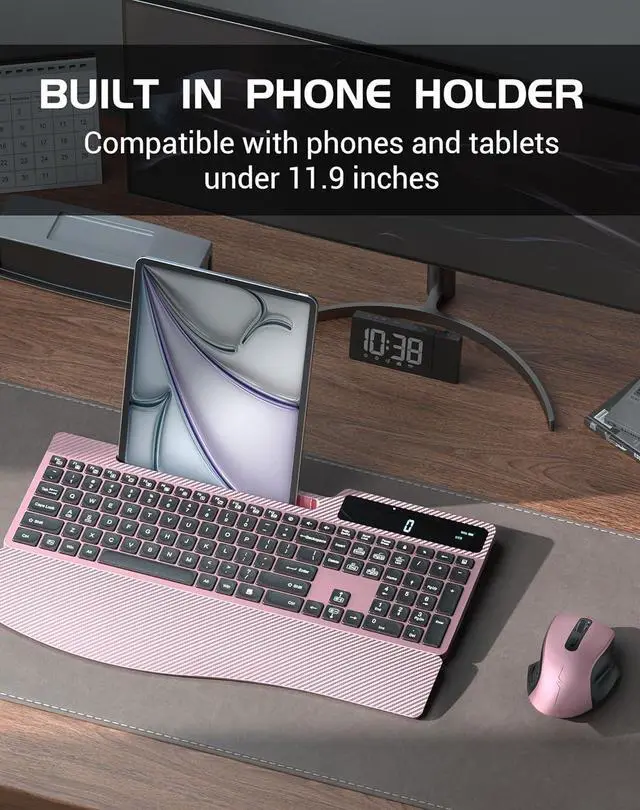 Alt view image 2 of 7 - Wireless Keyboard Mouse Combo, Full Size Ergonomic Keyboard with Backlit, Wrist Rest, Calculator, Phone Holder, 2.4Ghz Silent Cordless Rechargeable Keyboard & Mouse for Laptop, PC (Pink Black)