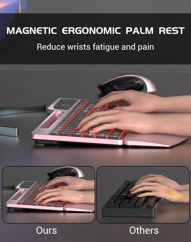 Alt view image 7 of 7 - Wireless Keyboard Mouse Combo, Full Size Ergonomic Keyboard with Backlit, Wrist Rest, Calculator, Phone Holder, 2.4Ghz Silent Cordless Rechargeable Keyboard & Mouse for Laptop, PC (Pink Black)
