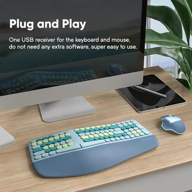 Alt view image 7 of 7 - Wireless Ergonomic Keyboard and Mouse Combo with PU Wrist Rest, Carpal Tunnel Keyboard, 2.4G Colorful Split Ergo Keyboard, Comfortable Natural Typing, Compatible with PC/Laptop (Blue)