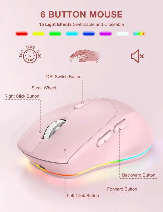 Alt view image 3 of 7 - Wireless Keyboard and Mouse Combo, 9 Backlit Effects, Wrist Rest, Phone Holder, 2.4G Lag-Free Ergonomic Keyboards, Rechargeable Silent Cordless Set for Computer, Laptop, Mac, Windows (Pink)
