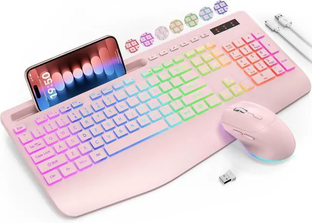 Main image of Wireless Keyboard and Mouse Combo, 9 Backlit Effects, Wrist Rest, Phone Holder, 2.4G Lag-Free Ergonomic Keyboards, Rechargeable Silent Cordless Set for Computer, Laptop, Mac, Windows (Pink)