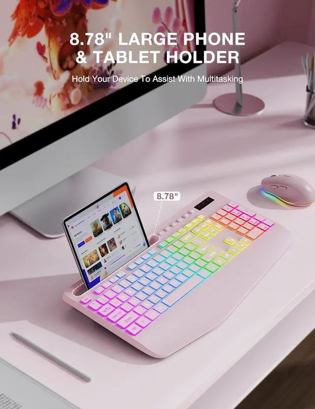 Alt view image 5 of 7 - Wireless Keyboard and Mouse Combo, 9 Backlit Effects, Wrist Rest, Phone Holder, 2.4G Lag-Free Ergonomic Keyboards, Rechargeable Silent Cordless Set for Computer, Laptop, Mac, Windows (Pink)