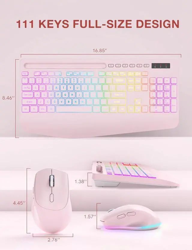 Alt view image 7 of 7 - Wireless Keyboard and Mouse Combo, 9 Backlit Effects, Wrist Rest, Phone Holder, 2.4G Lag-Free Ergonomic Keyboards, Rechargeable Silent Cordless Set for Computer, Laptop, Mac, Windows (Pink)