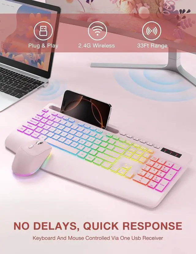 Alt view image 6 of 7 - Wireless Keyboard and Mouse Combo, 9 Backlit Effects, Wrist Rest, Phone Holder, 2.4G Lag-Free Ergonomic Keyboards, Rechargeable Silent Cordless Set for Computer, Laptop, Mac, Windows (Pink)