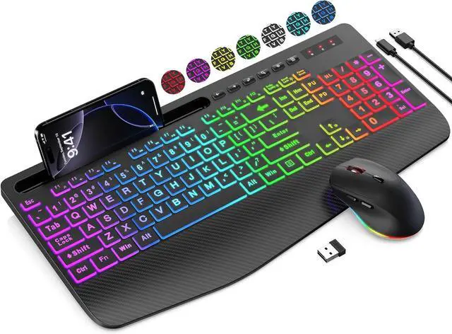 Main image of Wireless Keyboard and Mouse Combo, 9 Backlit Effects, Large Print, Wrist Rest, Phone Holder, 2.4G Lag-Free Ergonomic Keyboards, Rechargeable Easy to See Cordless Set for Computer, Laptop, PC,Black
