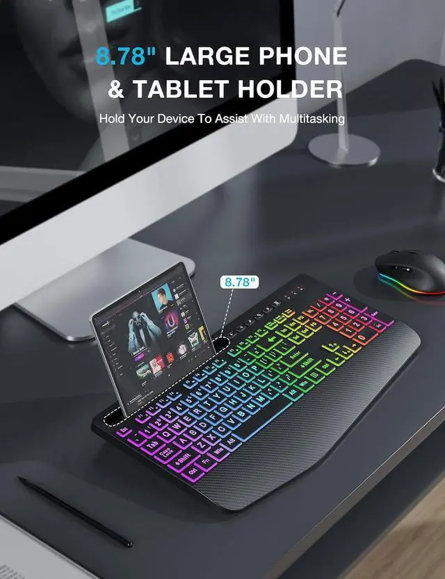 Alt view image 4 of 7 - Wireless Keyboard and Mouse Combo, 9 Backlit Effects, Large Print, Wrist Rest, Phone Holder, 2.4G Lag-Free Ergonomic Keyboards, Rechargeable Easy to See Cordless Set for Computer, Laptop, PC,Black