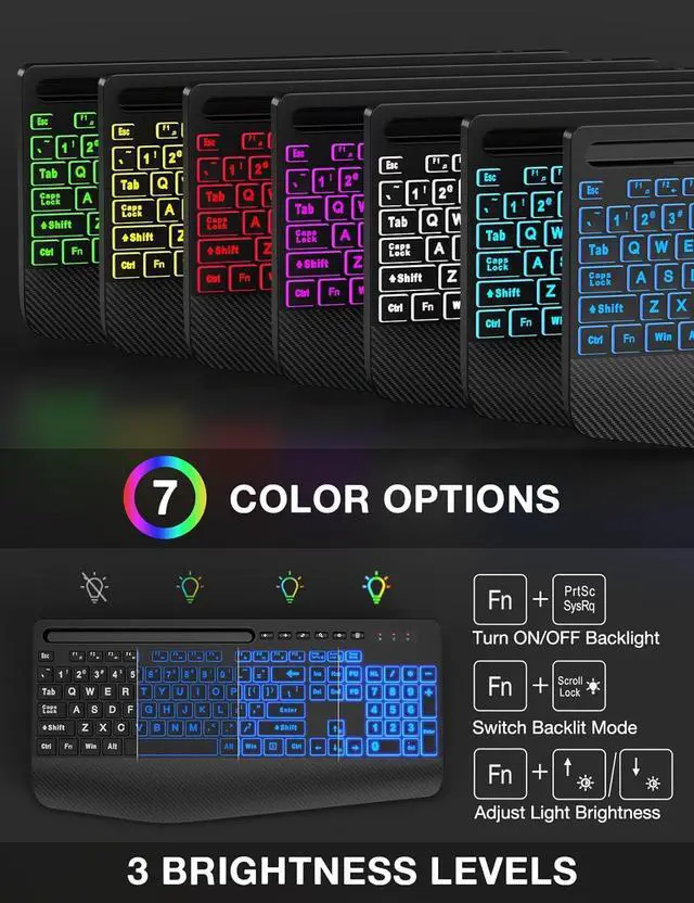 Alt view image 2 of 7 - Wireless Keyboard and Mouse Combo, 9 Backlit Effects, Large Print, Wrist Rest, Phone Holder, 2.4G Lag-Free Ergonomic Keyboards, Rechargeable Easy to See Cordless Set for Computer, Laptop, PC,Black