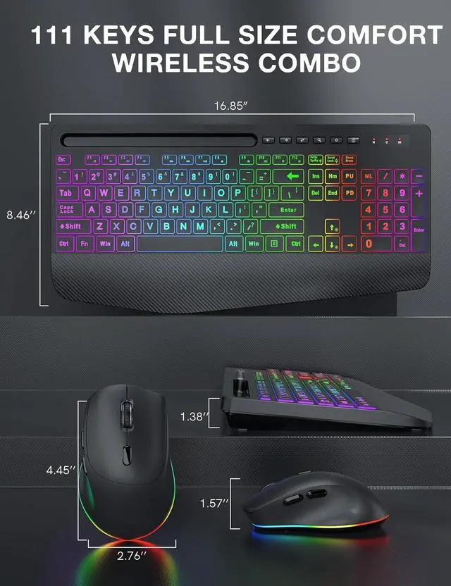 Alt view image 7 of 7 - Wireless Keyboard and Mouse Combo, 9 Backlit Effects, Large Print, Wrist Rest, Phone Holder, 2.4G Lag-Free Ergonomic Keyboards, Rechargeable Easy to See Cordless Set for Computer, Laptop, PC,Black