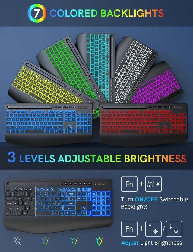 Alt view image 2 of 7 - Wireless Keyboard and Mouse Combo- 7-Color Backlit, Wrist Rest, Rechargeable, Silent Light-Up Keys, RGB Mouse, Ergonomic Full Size Keyboard with Phone Holder for Windows, Mac, PC, Laptop