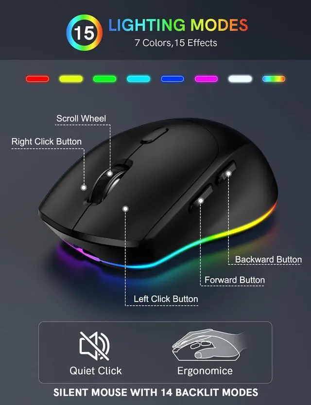 Alt view image 5 of 7 - Wireless Keyboard and Mouse Combo- 7-Color Backlit, Wrist Rest, Rechargeable, Silent Light-Up Keys, RGB Mouse, Ergonomic Full Size Keyboard with Phone Holder for Windows, Mac, PC, Laptop