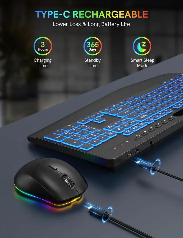 Alt view image 4 of 7 - Wireless Keyboard and Mouse Combo- 7-Color Backlit, Wrist Rest, Rechargeable, Silent Light-Up Keys, RGB Mouse, Ergonomic Full Size Keyboard with Phone Holder for Windows, Mac, PC, Laptop