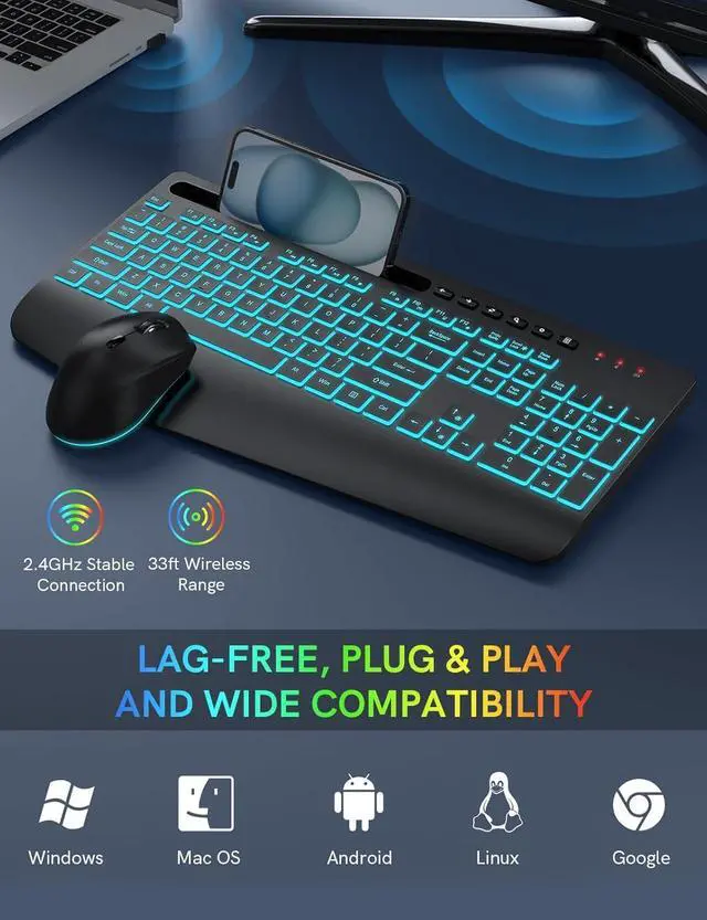 Alt view image 6 of 7 - Wireless Keyboard and Mouse Combo- 7-Color Backlit, Wrist Rest, Rechargeable, Silent Light-Up Keys, RGB Mouse, Ergonomic Full Size Keyboard with Phone Holder for Windows, Mac, PC, Laptop