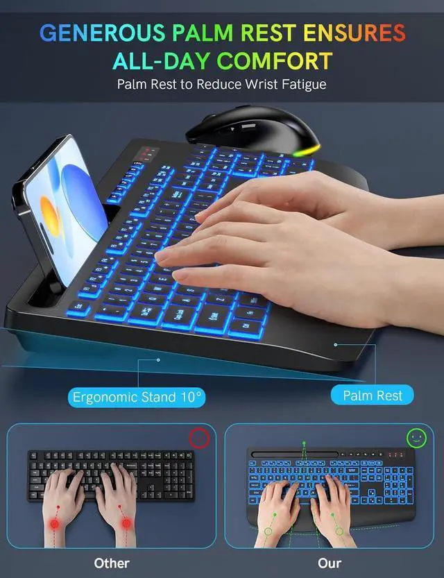 Alt view image 3 of 7 - Wireless Keyboard and Mouse Combo- 7-Color Backlit, Wrist Rest, Rechargeable, Silent Light-Up Keys, RGB Mouse, Ergonomic Full Size Keyboard with Phone Holder for Windows, Mac, PC, Laptop