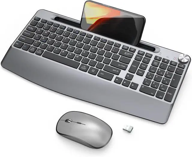 Main image of Wireless Keyboard and Mouse, Ergonomic Wireless Keyboard with Wrist Rest and Phone Holder, Quiet Mouse for Computer Mac PC Laptop-Black Grey