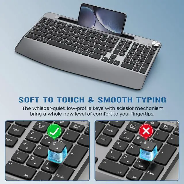 Alt view image 3 of 7 - Wireless Keyboard and Mouse, Ergonomic Wireless Keyboard with Wrist Rest and Phone Holder, Quiet Mouse for Computer Mac PC Laptop-Black Grey