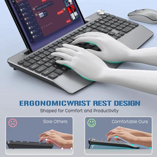Alt view image 2 of 7 - Wireless Keyboard and Mouse, Ergonomic Wireless Keyboard with Wrist Rest and Phone Holder, Quiet Mouse for Computer Mac PC Laptop-Black Grey
