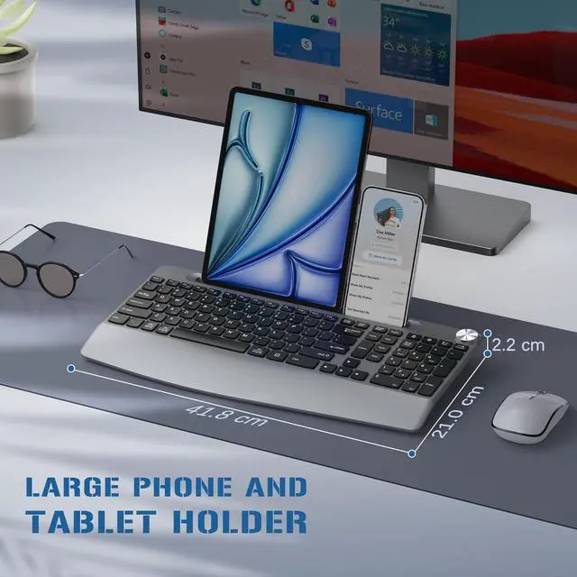 Alt view image 6 of 7 - Wireless Keyboard and Mouse, Ergonomic Wireless Keyboard with Wrist Rest and Phone Holder, Quiet Mouse for Computer Mac PC Laptop-Black Grey