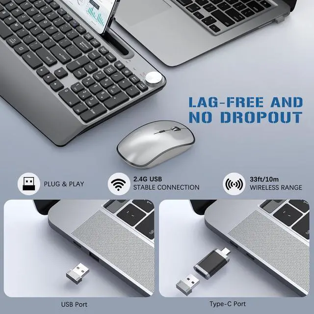 Alt view image 5 of 7 - Wireless Keyboard and Mouse, Ergonomic Wireless Keyboard with Wrist Rest and Phone Holder, Quiet Mouse for Computer Mac PC Laptop-Black Grey