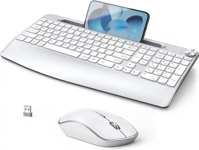 Main image of Ergonomic Wireless Keyboard and Mouse, Full Size Wireless Keyboard Designed with Phone Holder and Wrist Rest,Volume Roller for Computer Mac PC Laptop-Silver