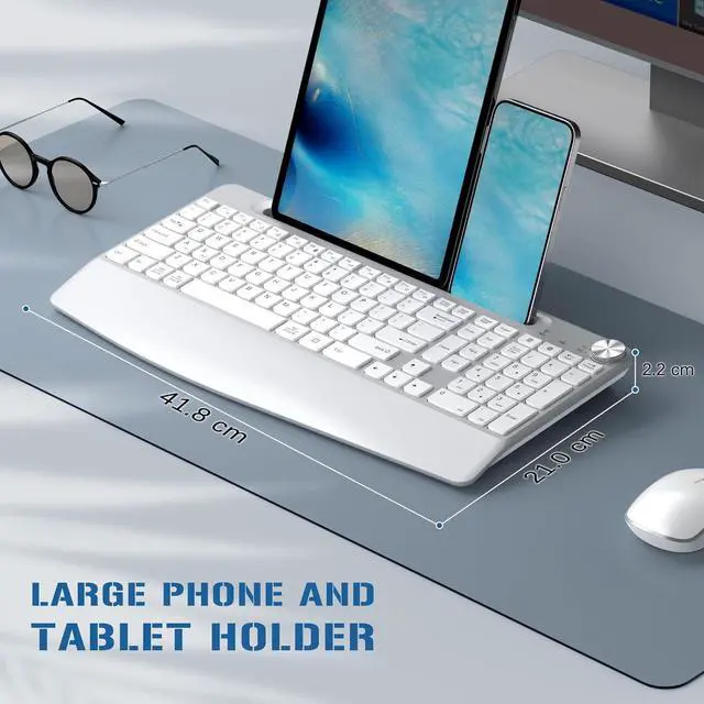 Alt view image 6 of 7 - Ergonomic Wireless Keyboard and Mouse, Full Size Wireless Keyboard Designed with Phone Holder and Wrist Rest,Volume Roller for Computer Mac PC Laptop-Silver